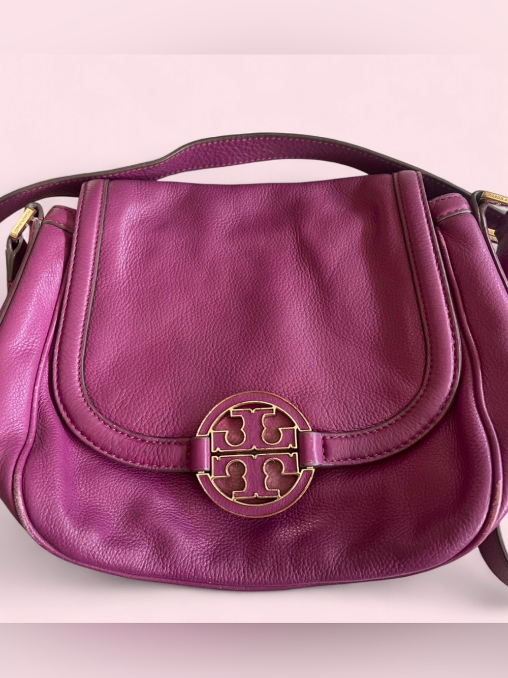 Tory Burch Magenta Soft Pebbled *Genuine Leather* Amanda Designer Crossbody Bag